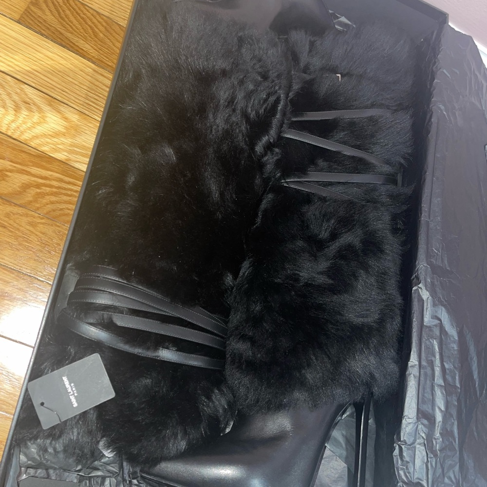 Black Leather Fur Knee High Stiletto Paris Boot